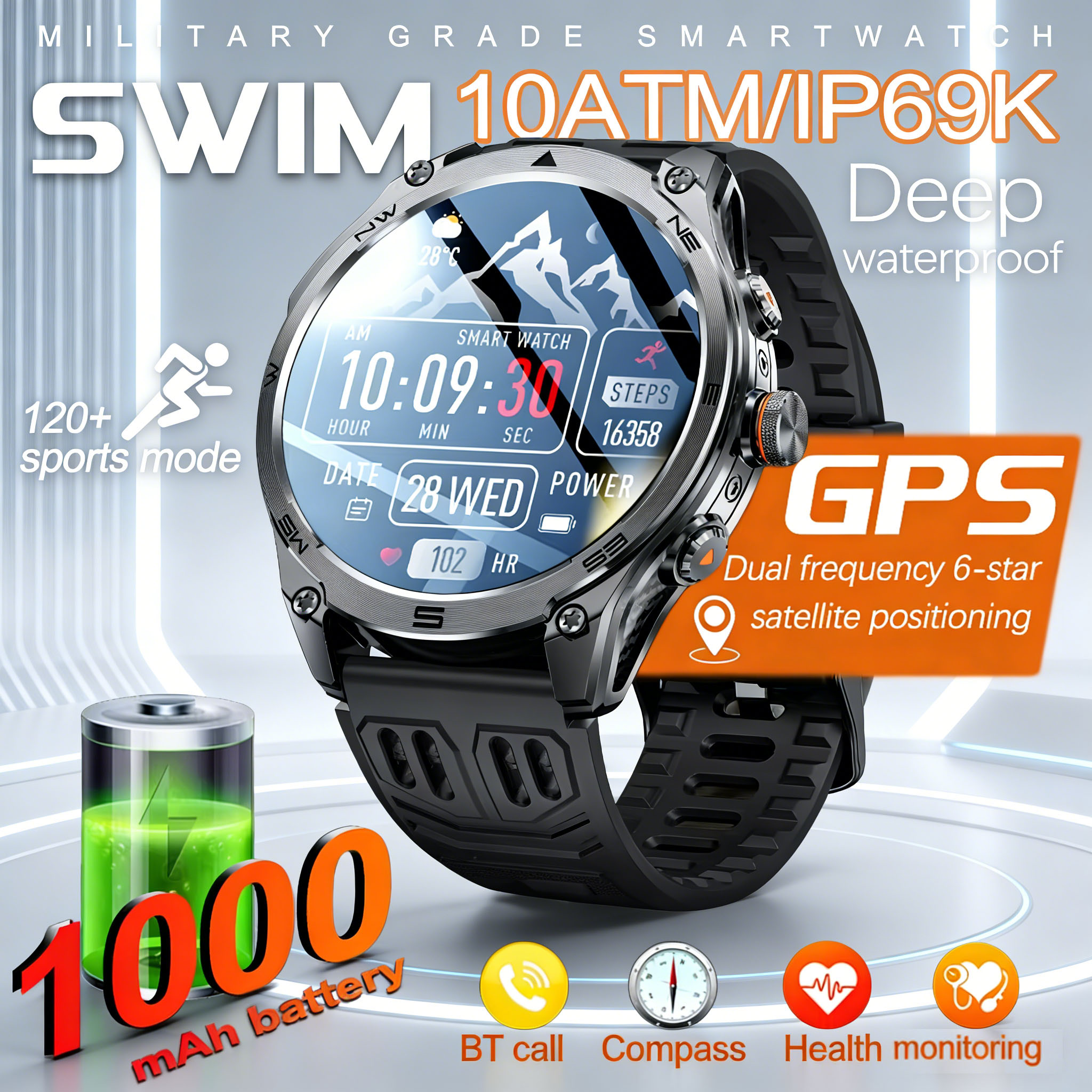 Smartwatch Premium Watches For Men - GPS SmartWatch IP69 Waterproof Compass Military